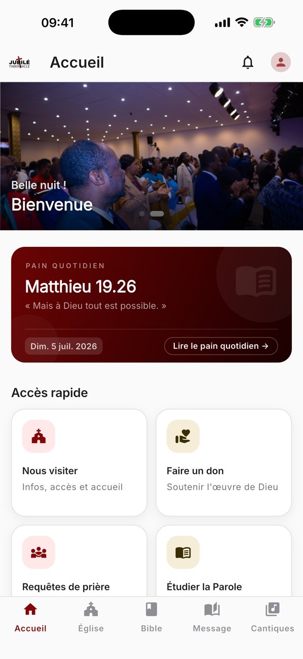 L'écran d'accueil de l'application : pain quotidien du jour et accès rapides